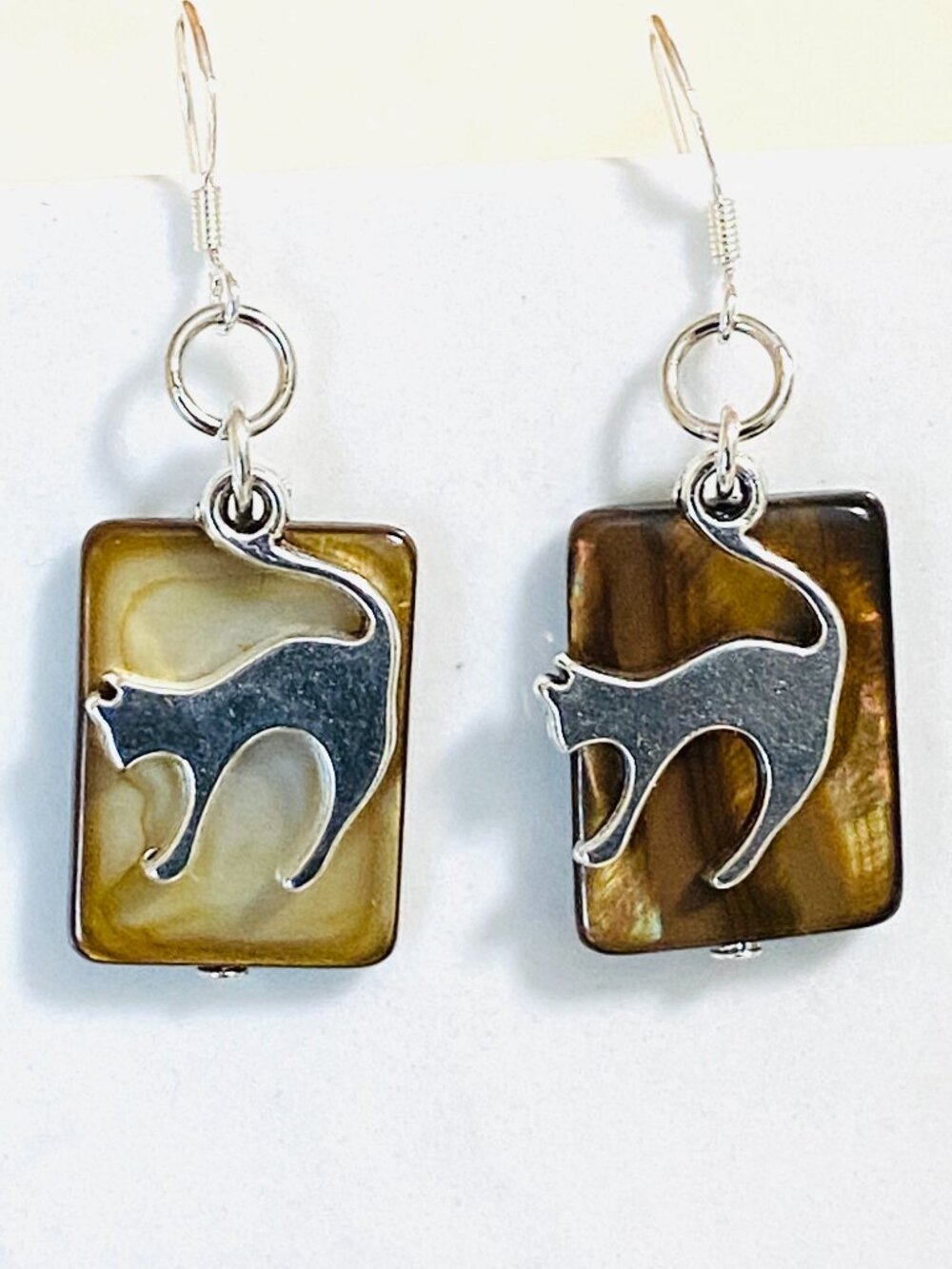 2/$20, Golden Brown Mother of Pearl Cat Dangle Earrings w/ Sterling Silver Hook